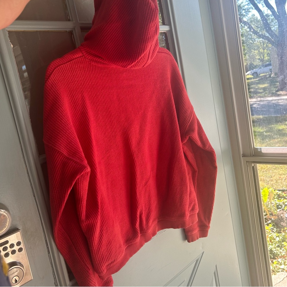 Aerie Ribbed Drawstring Cotton Hoodie Hooded Sweatshirt Red Oversized Chunky S - Picture 4 of 9
